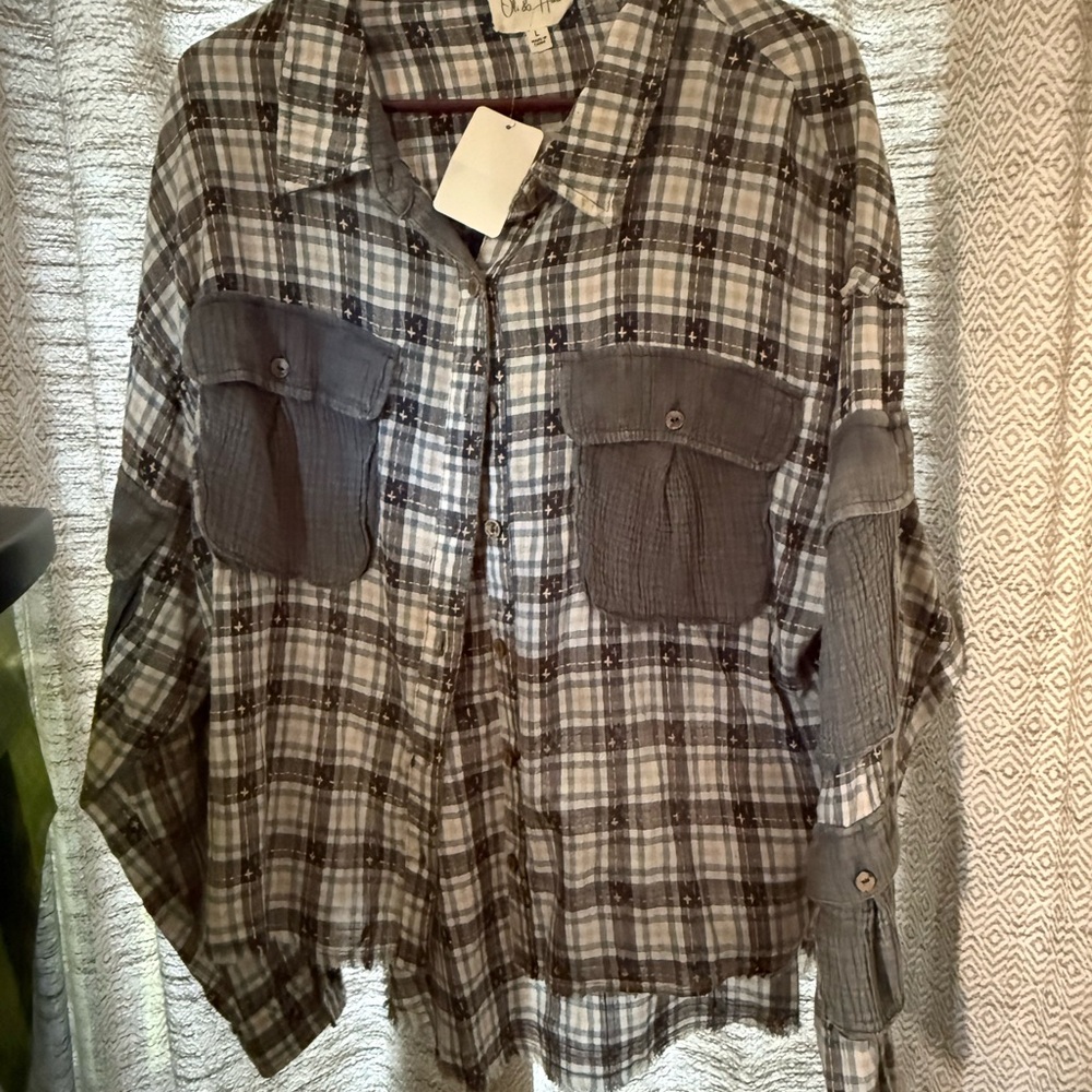 Oli & Hali Navy, Gray and Cream Plaid Button-Up Shirt